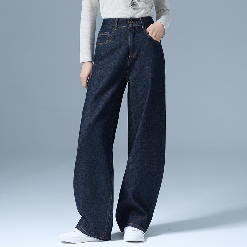 丹宁蓝高腰阔腿牛仔裤女春秋