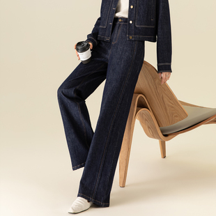 子宽松显瘦高腰拖地直筒裤 加绒加厚裤 女秋冬新款 丹宁蓝阔腿牛仔裤
