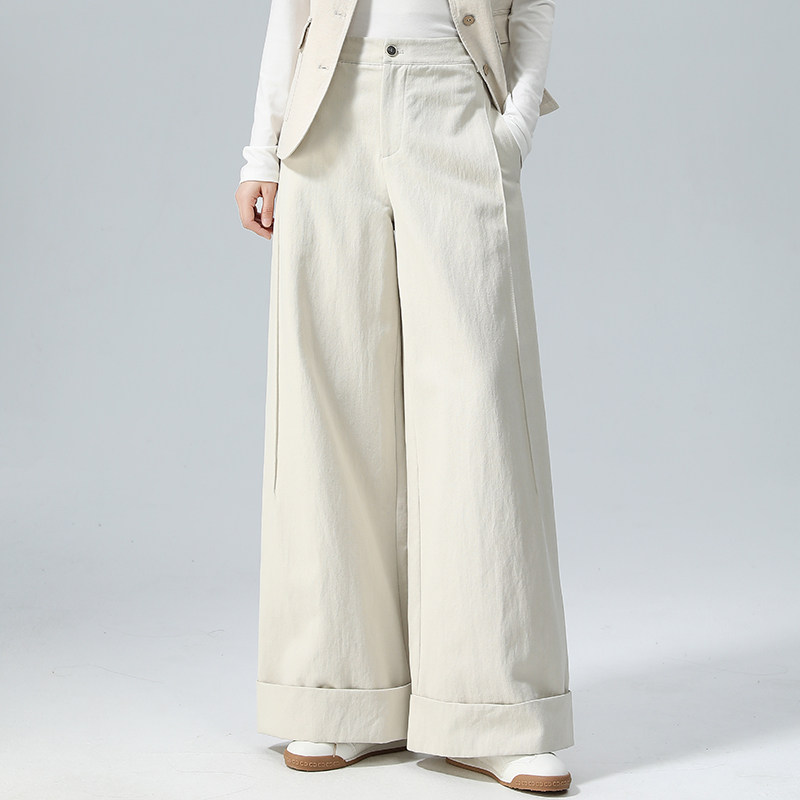 翻边高腰阔腿裤女春秋新款女裤宽松显瘦裤子休闲拖地裤宽腿直筒裤,女装/女士精品,休闲裤,淘宝优惠券,粉丝福利购,淘宝优惠卷