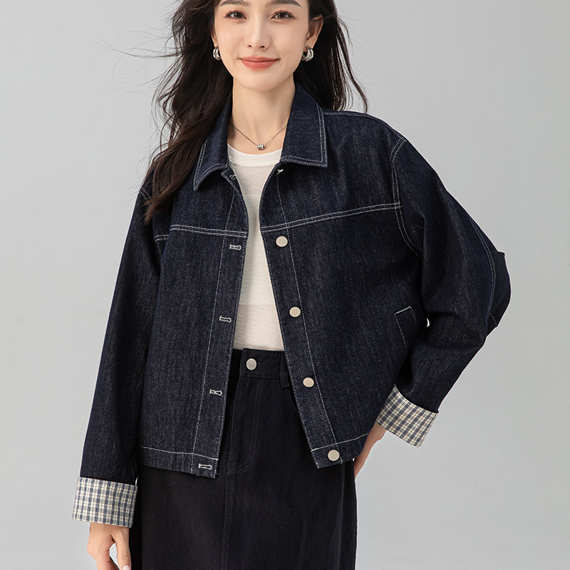 翻边格子长袖短款牛仔外套女显瘦新款春秋宽松休闲小个子夹克上衣