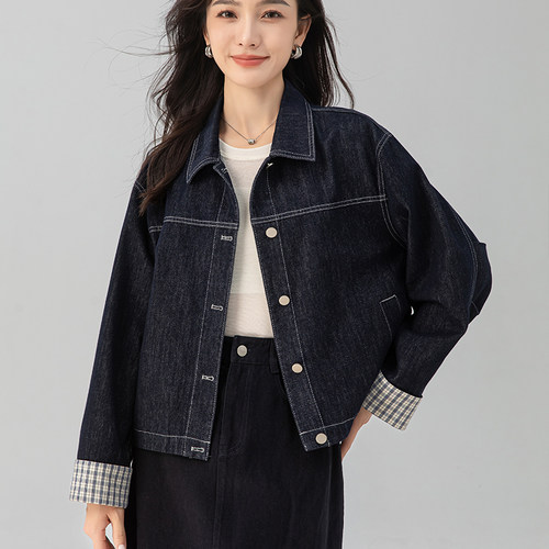 翻边格子长袖短款牛仔外套女显瘦2026新款宽松休闲小个子夹克上衣