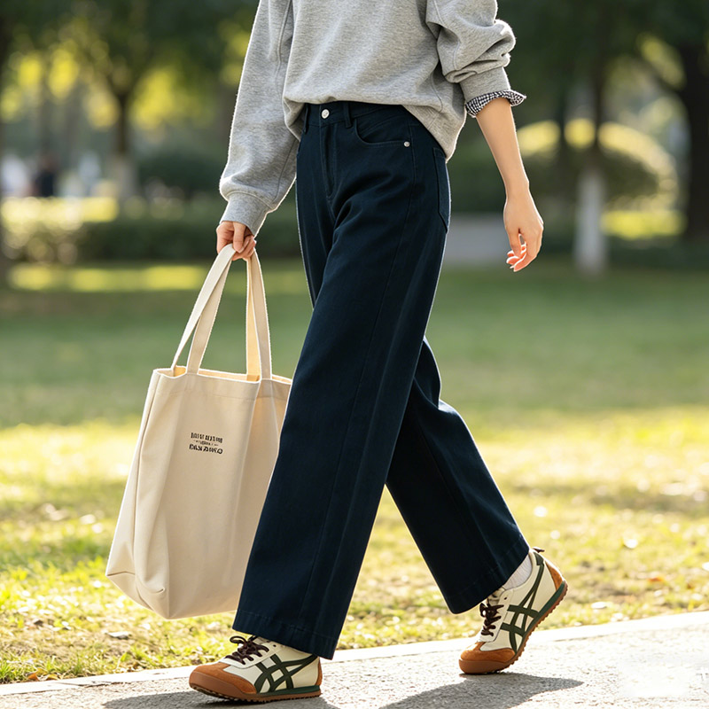四面弹阔腿牛仔裤女小个子裤子2026新款秋冬加绒藏青色女裤直筒裤