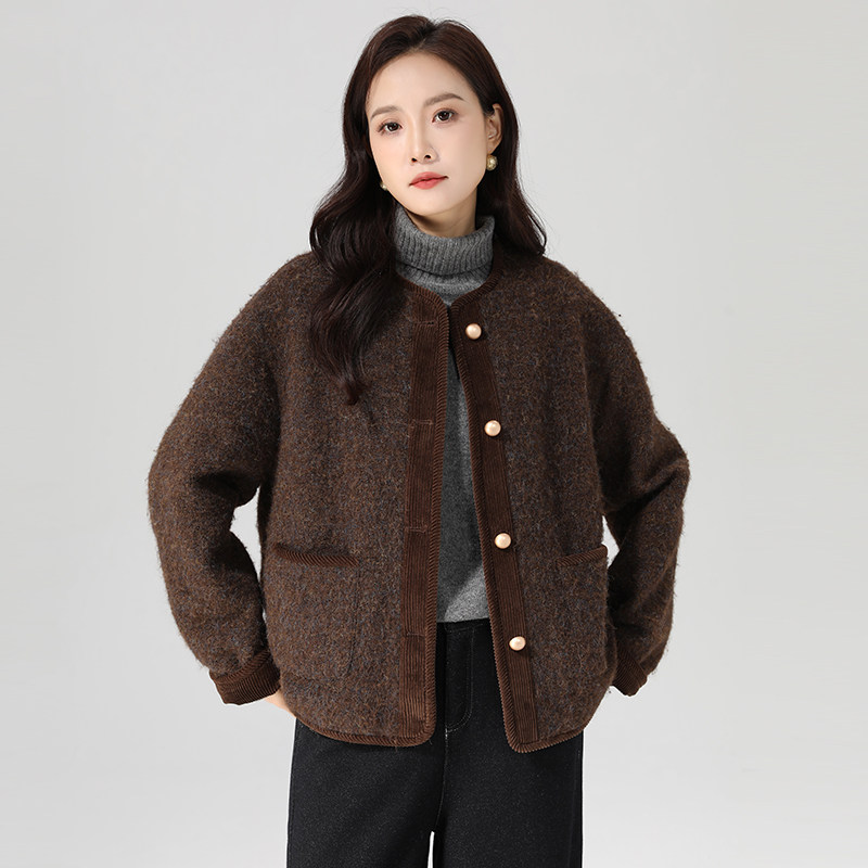 咖色短款毛呢外套女秋冬新款小香风女装圆领羊毛开衫休闲长袖上衣