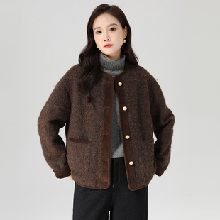 咖色短款毛呢外套女秋冬新款小香风女装圆领羊毛开衫休闲长袖上衣