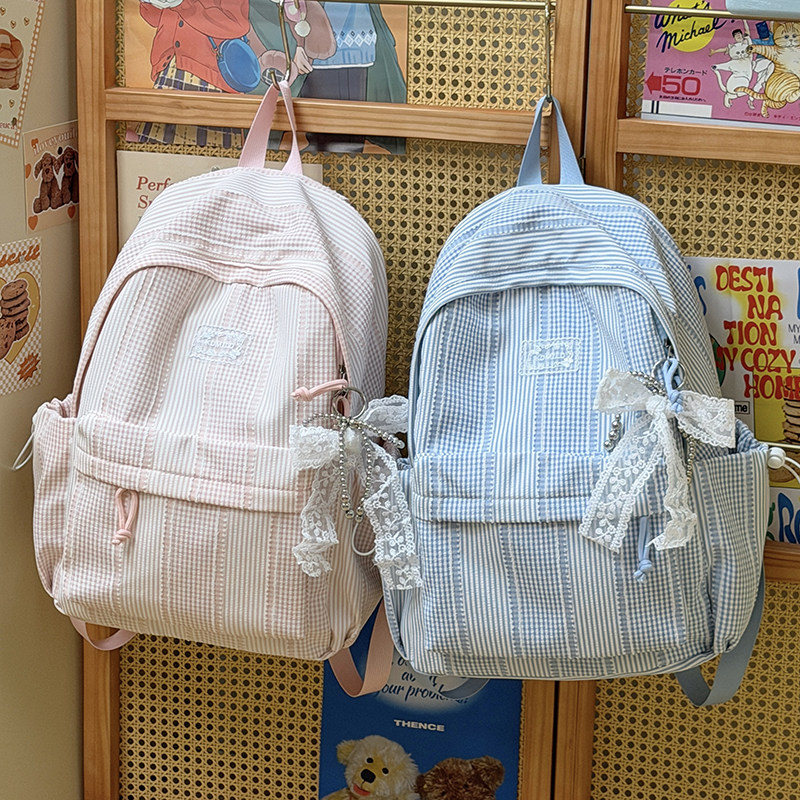 新款小清新条纹双肩包女韩版轻便薄旅游背包初中生电脑包上课书包