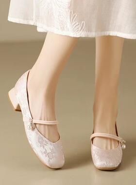 新中式单鞋2025新款珍珠一字带方头浅口国风玛丽珍配旗袍女鞋
