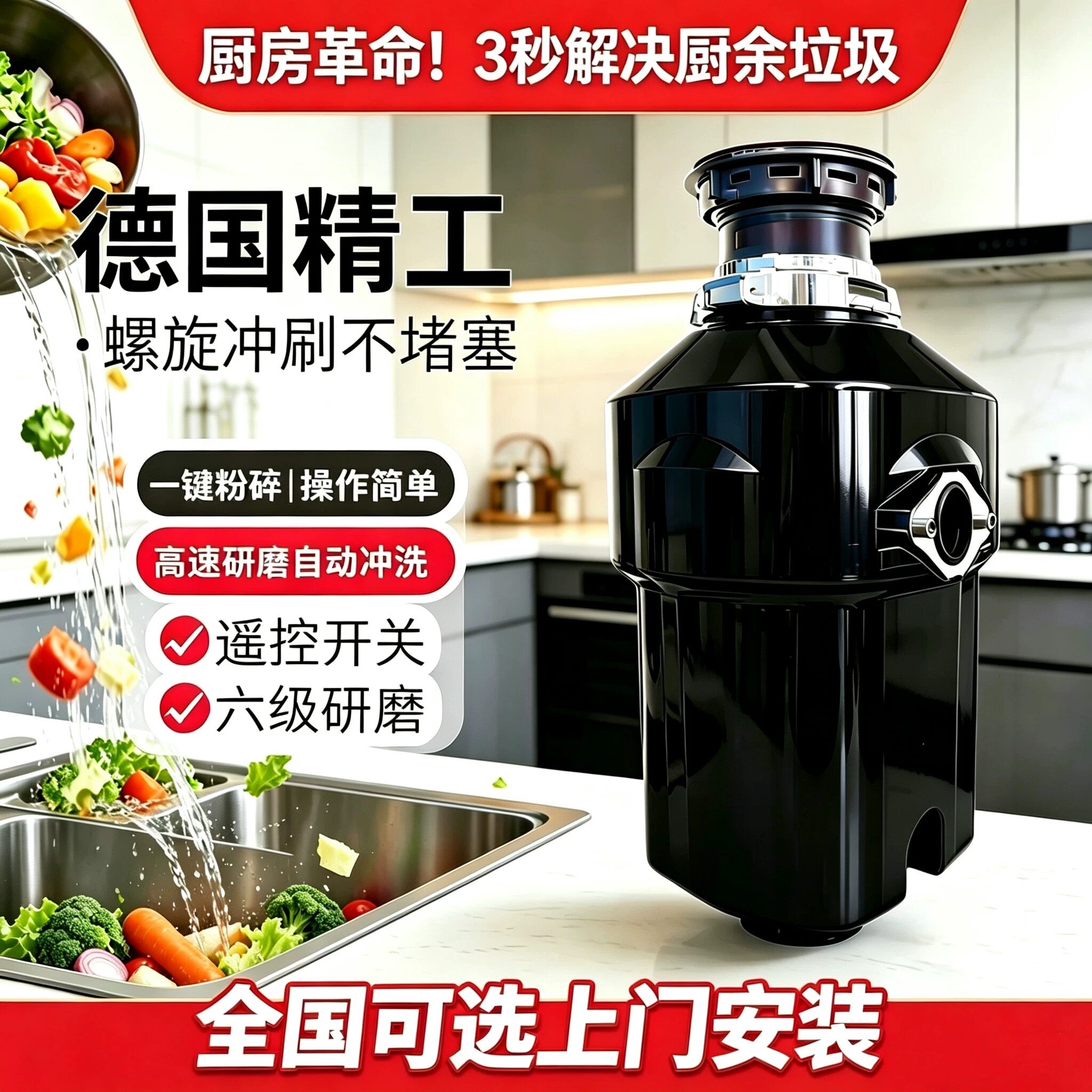 家用厨余垃圾处理器全自动静音水槽粉碎机无线遥控防堵厨房碎渣机