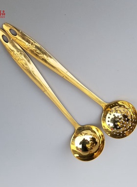 纯铜汤勺加厚家用火锅黄铜汤勺漏勺紫铜饭勺长柄大号汤漏勺家用