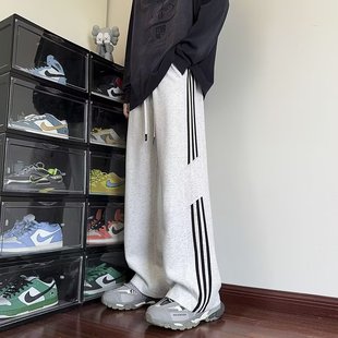 直筒宽松街舞阔腿裤 男秋冬潮牌重磅加绒运动裤 三条杠休闲卫裤 美式