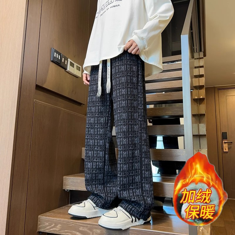 黑白格子扎染加绒加厚卫裤男秋冬美式潮牌直筒裤子慵懒垂感休闲裤
