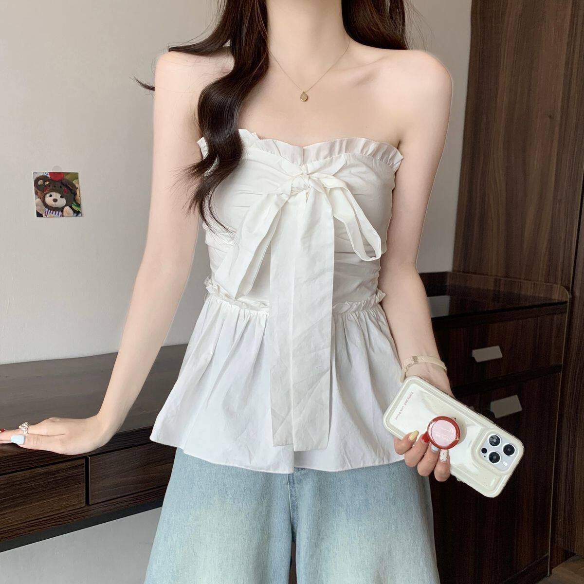 港味风格蝴蝶结抹胸无袖T恤衫女夏季新款修身收腰显瘦短款上衣潮