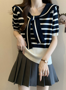 海军领短袖t恤女夏季条纹小衫