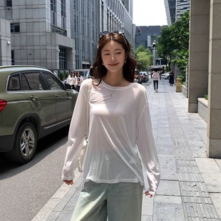 港味风格薄款防晒冰丝长袖T恤衫女夏季宽松显瘦微透防晒上衣罩衫