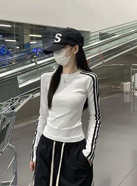 美式条纹长袖t恤女春秋新款修身