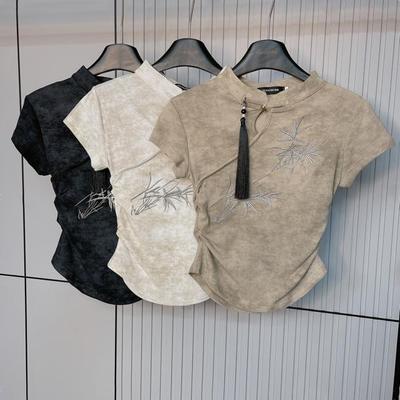 港味风格纯色短袖t恤女竹叶刺绣