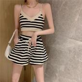 条纹运动休闲套装 女夏季 吊带背心阔腿短裤 港味风格 时尚 休闲两件套