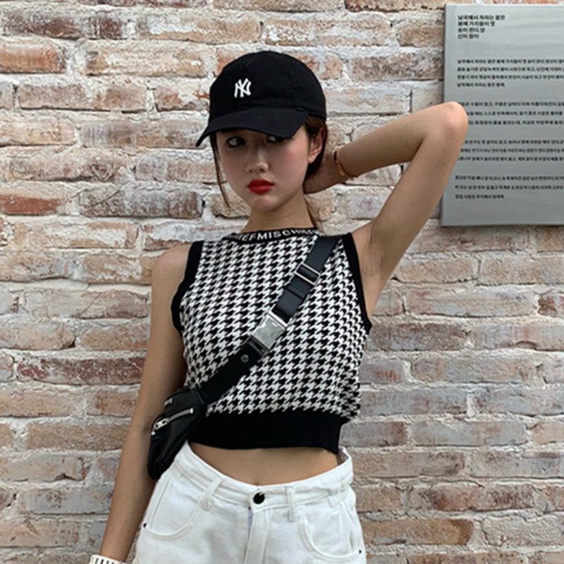 千鸟格短款针织毛线针织背心女夏设计感小众外穿辣妹炸街无袖上衣