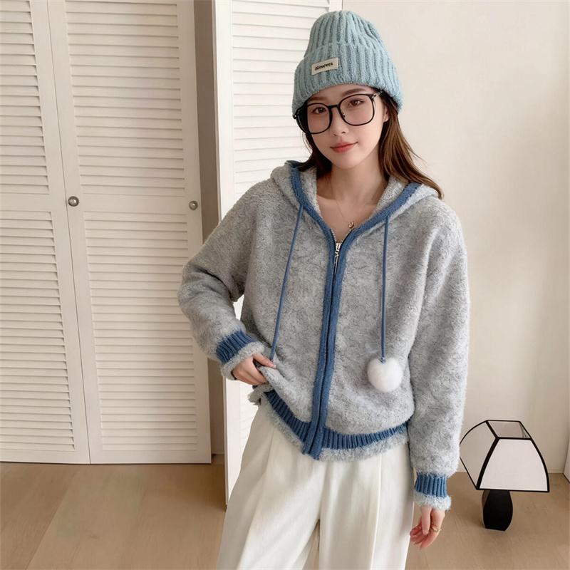 连帽拉链撞色毛衣外套女秋冬新款