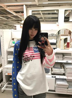美式复古撞色长袖T恤衫女秋冬