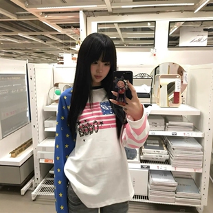 港味风格美式复古撞色长袖T恤衫女秋冬新款扎染卫衣宽松百搭上衣