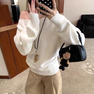 港味风格松驰感露肩斜领毛衣女春秋冬新款小众宽松长袖针织衫上衣