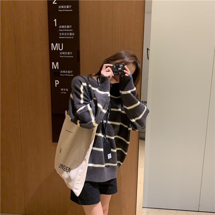 港味风格撞色条纹针织长袖毛衣女秋冬新款宽松中长款卫衣套头上衣