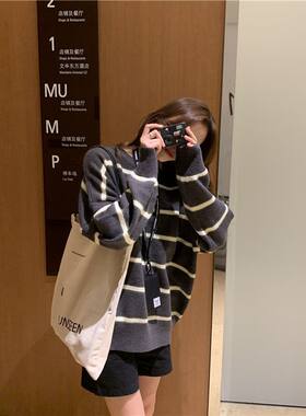 撞色条纹针织长袖毛衣女秋冬新款