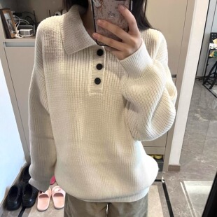 港味风格美式复古polo翻领毛衣女秋冬宽松慵懒风套头针织衫上衣潮
