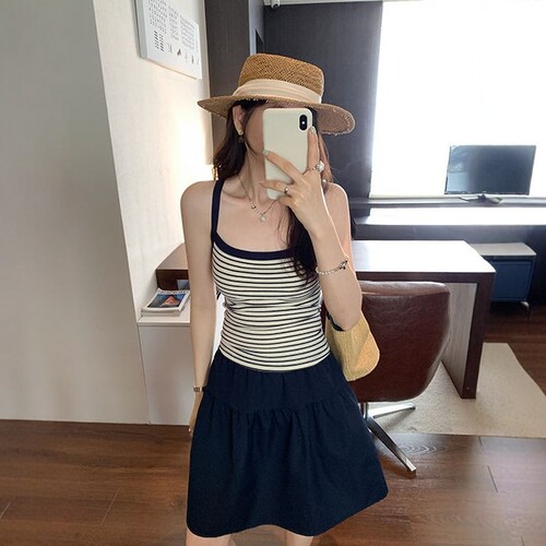 撞色条纹针织吊带背心女夏季