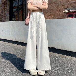 港味风格蕾丝系带阔腿裤女夏季新款高腰宽松长裤子显瘦直筒休闲裤