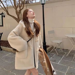 港味风格毛呢连帽外套女中长款宽松牛角扣大衣加厚绒棉衣呢子外套