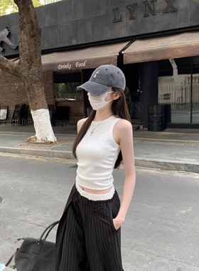 港味风格修身工字背心女夏外穿内搭无袖打底短款高弹运动辣妹上衣