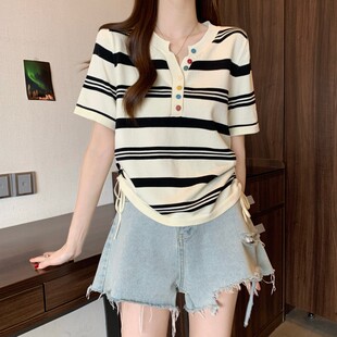 港味风格彩色条纹侧缝抽绳短袖T恤女夏季新款时尚针织衫百搭上衣
