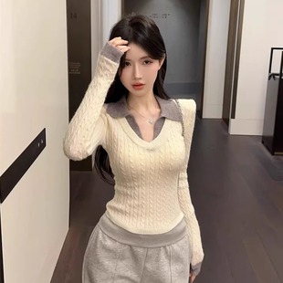 麻花毛衣潮 女秋冬纯欲v领上衣打底衫 港味风格 假两件Polo领针织衫