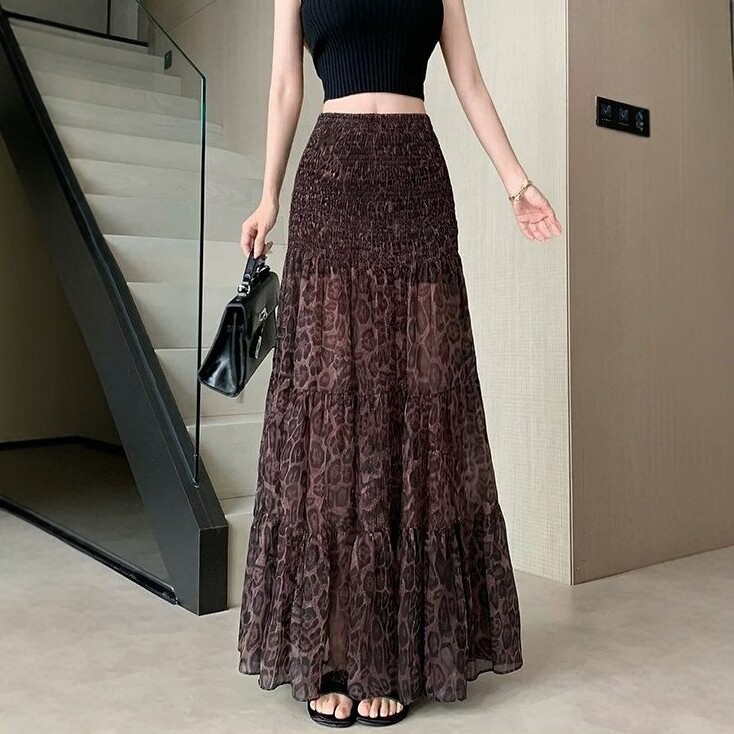 港味风格豹纹褶皱半身裙女高腰A字长裙度假垂坠感修身显瘦裙子潮