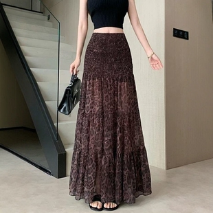 港味风格豹纹褶皱半身裙女高腰A字长裙度假垂坠感修身显瘦裙子潮