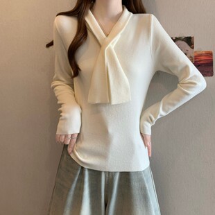 港味风格轻熟优雅V领交叉针织衫女春秋新款百搭毛衣修身显瘦上衣