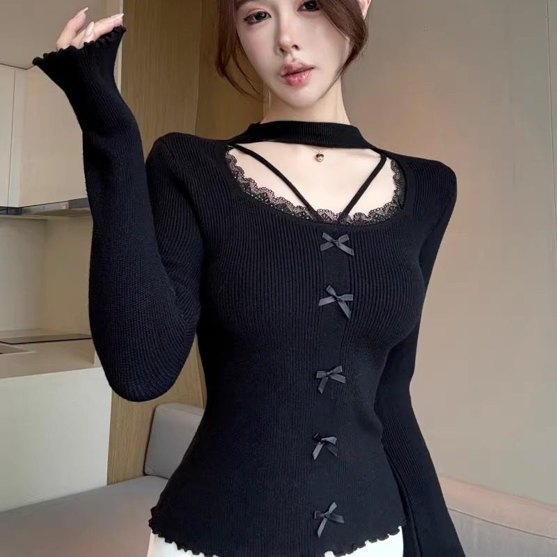 港味风格纯欲蕾丝假两件长袖针织衫女春秋季修身显瘦内搭打底上衣,女装/女士精品,毛针织衫,淘宝优惠券,粉丝福利购,淘宝优惠卷