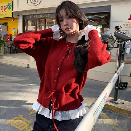 港味风格花边拼接长袖毛衣系带收腰设计宽春秋松针织开衫短毛衣女