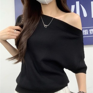 港味风格一字肩短袖T恤女夏季新款设计感小众针织衫修身显瘦上衣