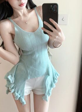 港味风格不规则荷叶边针织吊带连衣裙女夏季新款修身显瘦短裙子潮