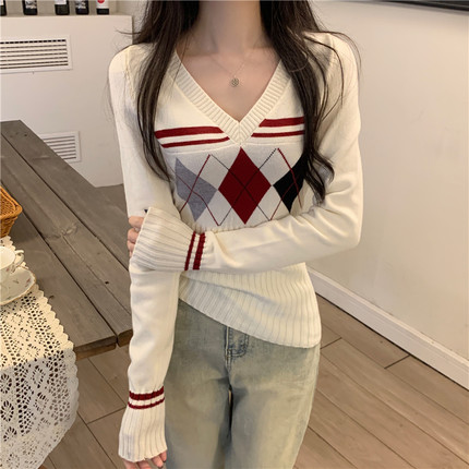 港味风格撞色菱格长袖针织衫女春秋冬季毛衣打底衫修身内搭上衣潮