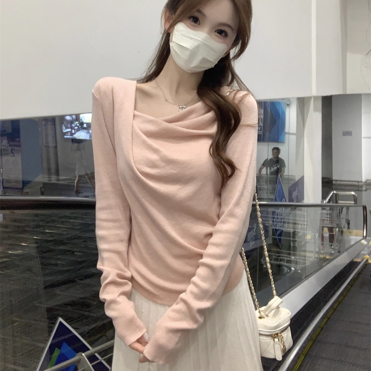 荡领长袖针织T恤衫女春秋季新款