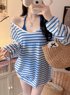 港味风格两件套背心+条纹长袖防晒衣女夏季宽松露肩防晒衫+小吊带