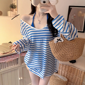 港味风格两件套背心+条纹长袖防晒衣女夏季宽松露肩防晒衫+小吊带