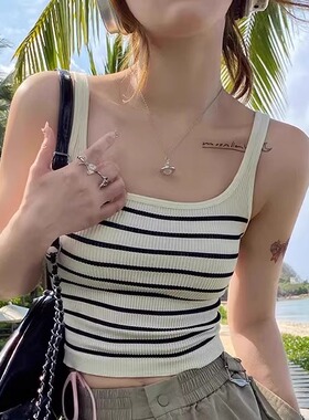港味风格条纹吊带女带胸垫短款小背心夏季外穿海边穿搭性感上衣潮