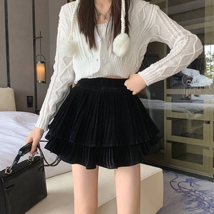 港味风格丝绒高腰半身裙女秋冬新款百褶蓬蓬蛋糕裙显瘦A字短裙子