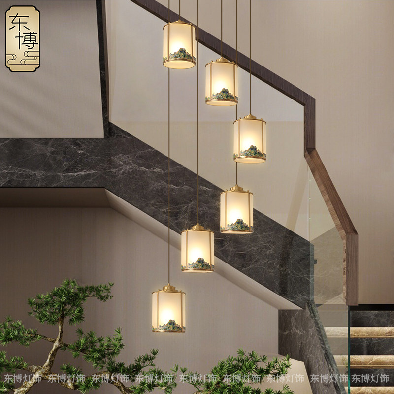 新中式楼梯吊灯全铜复式楼别墅挑空灯loft公寓旋转长吊灯饭厅灯具