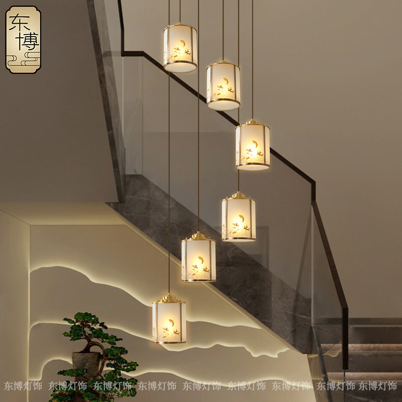 新中式吊灯全铜别墅挑空楼梯吊灯复式楼中空灯loft餐厅单头灯具