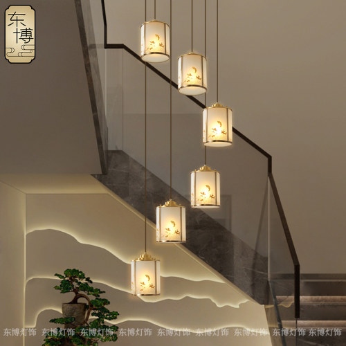 新中式吊灯全铜别墅挑空楼梯吊灯复式楼中空灯loft餐厅单头灯具